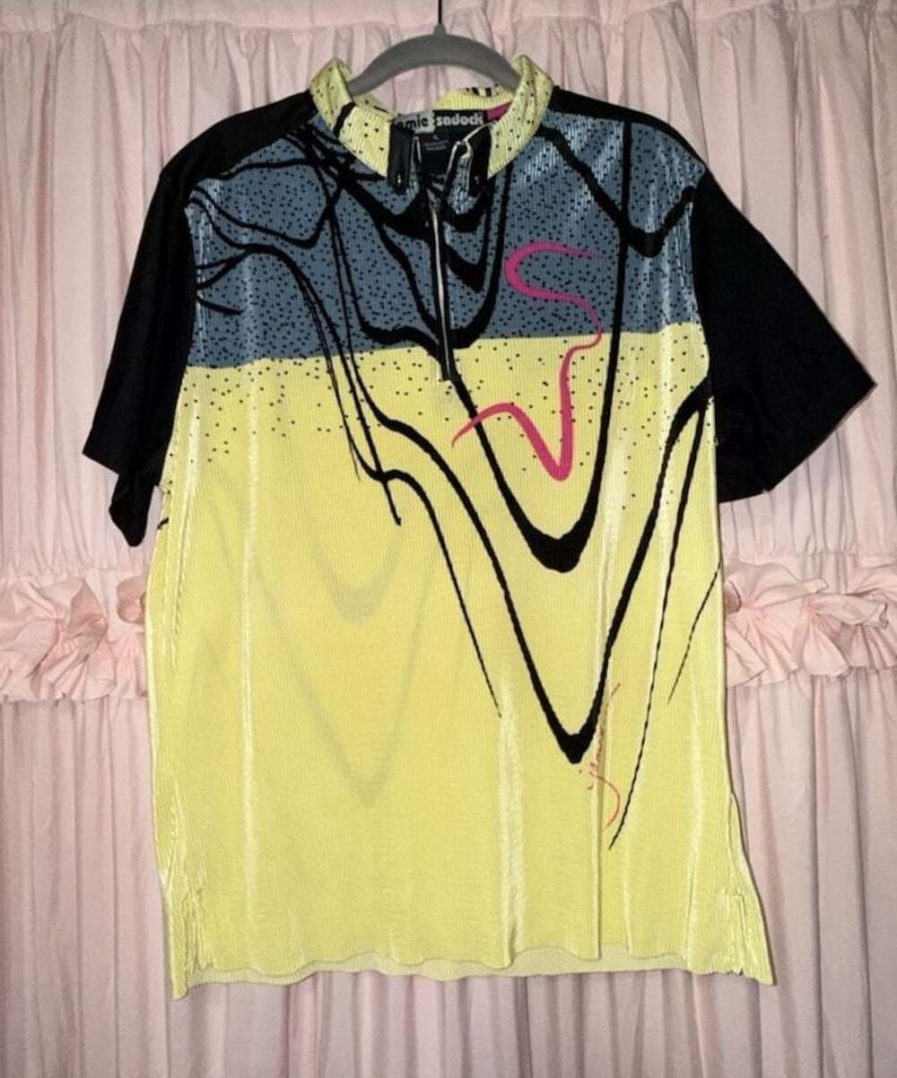 Jamie Sadock Pleated Short Sleeve Golf Polo Shirt with Abstract Neon Pattern